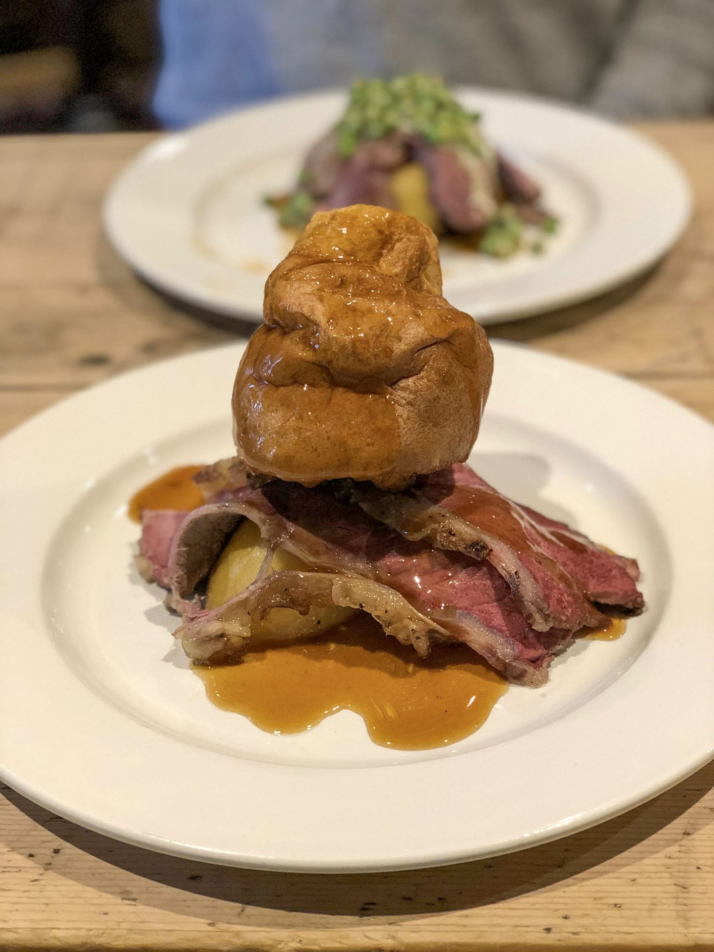 Places to eat in Leeds: a picture of roast beef with a huge yorkshire pudding balanced on top