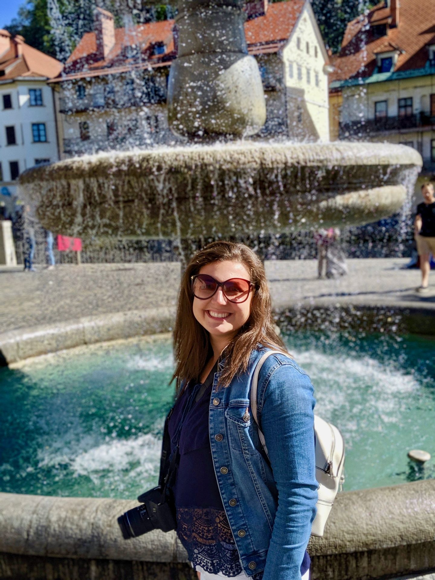 24 hours in Ljubljana food & wine: Nell in front of a fountain