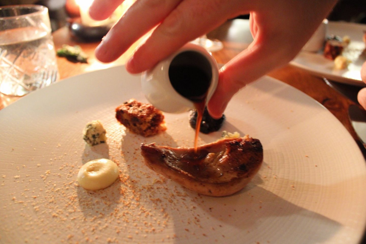 The Star Inn at Harome: gravy being poured onto a small partridge breast