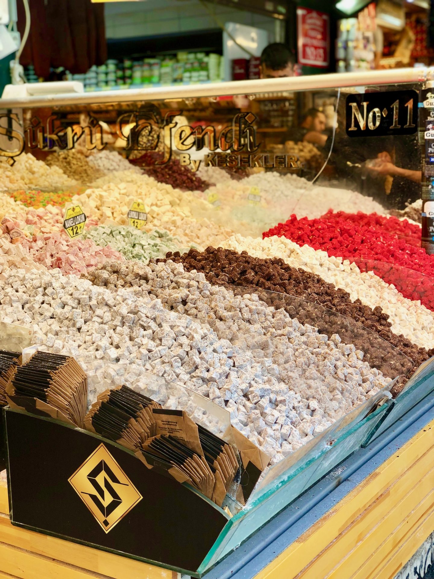 cheap european city break - istanbul markets. Image shows different colours of turkish delight in abundance